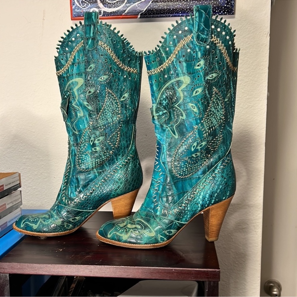 Rare Anna Sui Cowboy Boots - Butterfly design-size 40-turquoise-blue/green - Picture 2 of 4